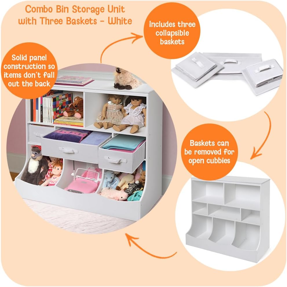 Combo Bin Toy Storage Unit and Book Shelf for Kids with 3 Baskets - White/Gray