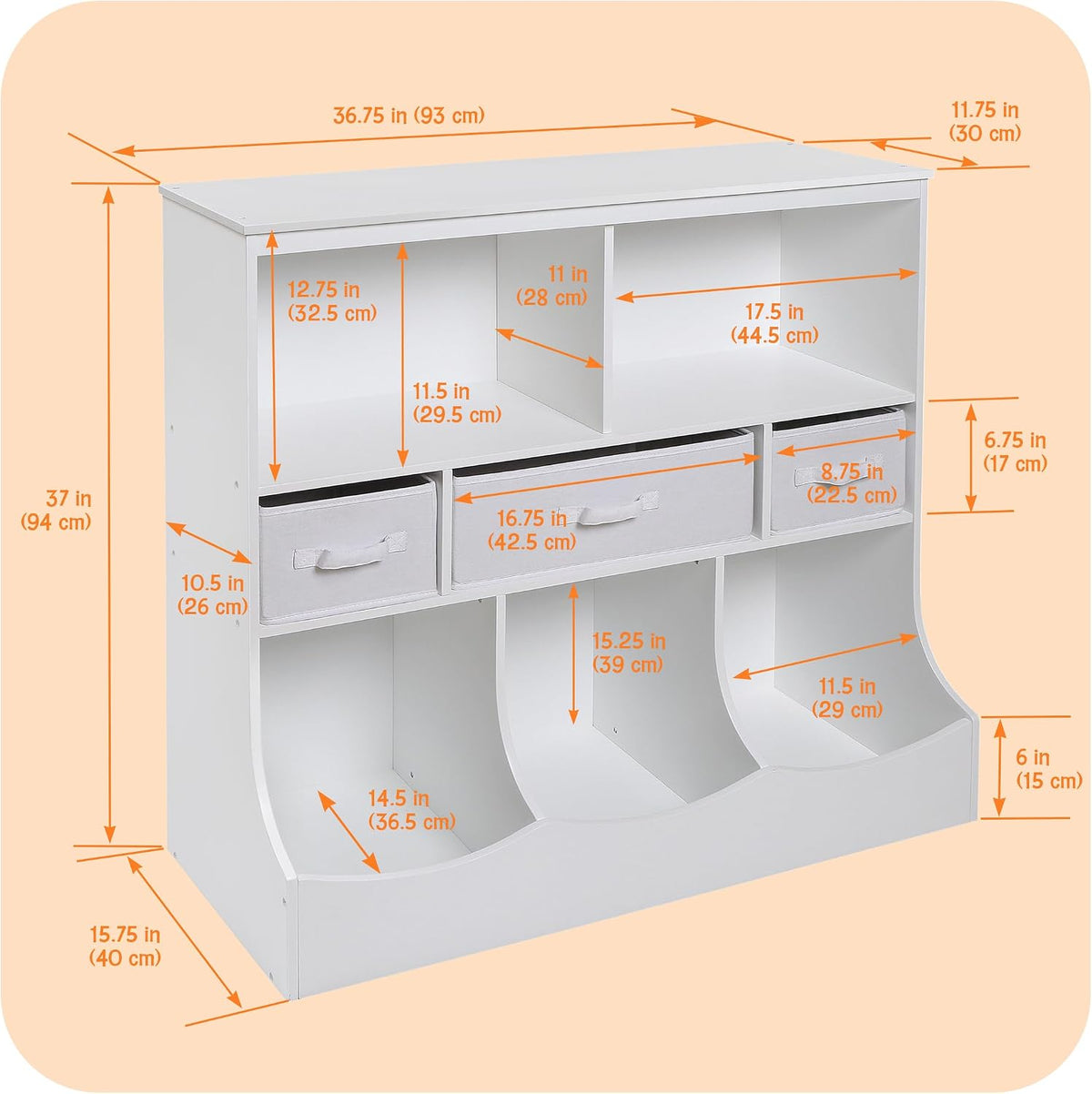 Combo Bin Toy Storage Unit and Book Shelf for Kids with 3 Baskets - White/Gray