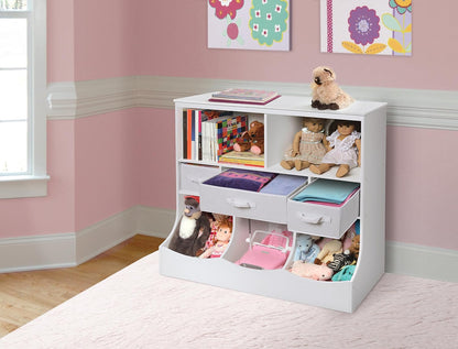 Combo Bin Toy Storage Unit and Book Shelf for Kids with 3 Baskets - White/Gray