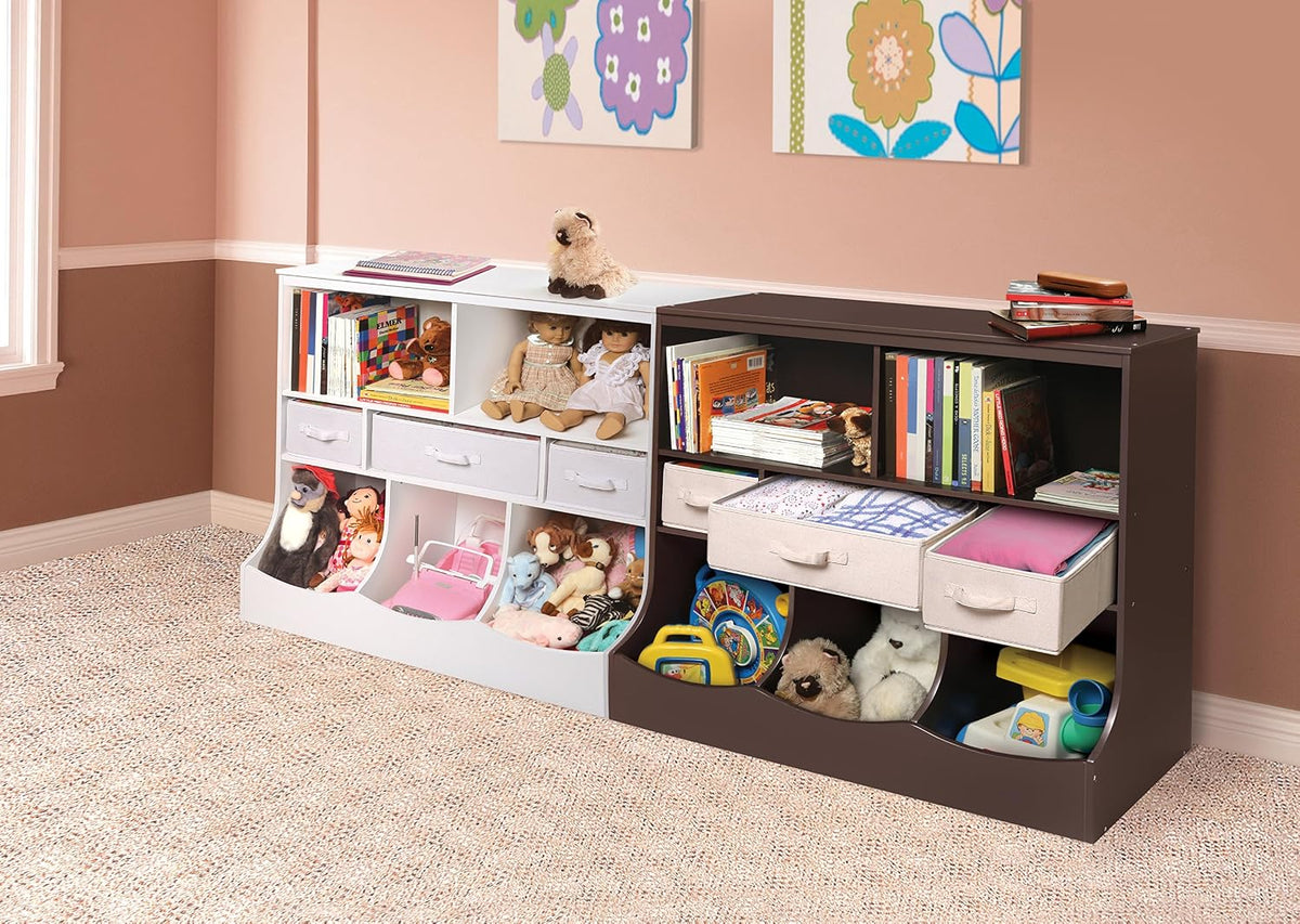 Combo Bin Toy Storage Unit and Book Shelf for Kids with 3 Baskets - White/Gray