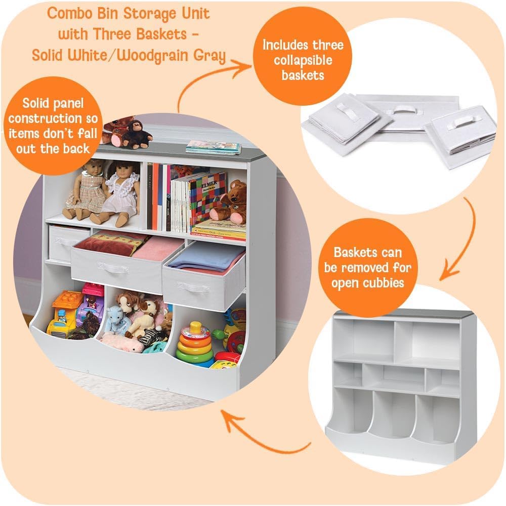 Combo Bin Toy Storage Unit and Book Shelf for Kids with 3 Baskets - White/Gray