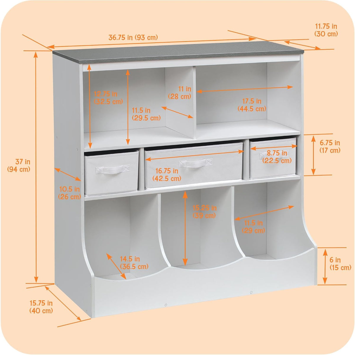 Combo Bin Toy Storage Unit and Book Shelf for Kids with 3 Baskets - White/Gray