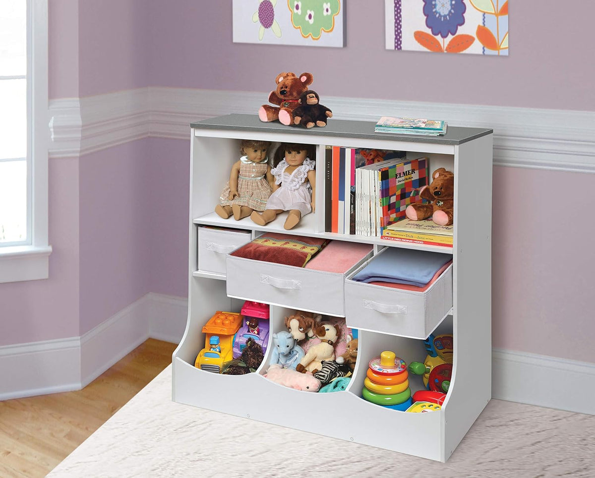Combo Bin Toy Storage Unit and Book Shelf for Kids with 3 Baskets - White/Gray