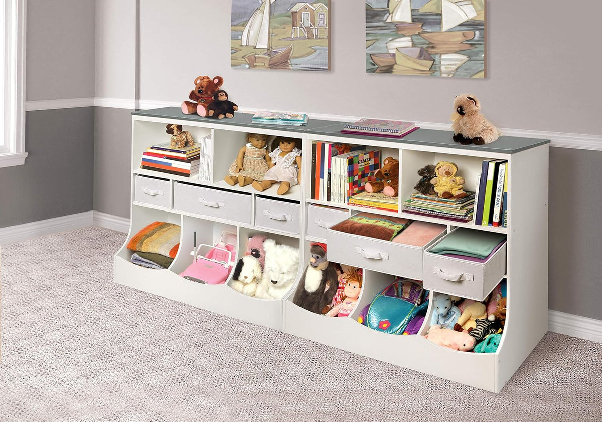 Combo Bin Toy Storage Unit and Book Shelf for Kids with 3 Baskets - White/Gray
