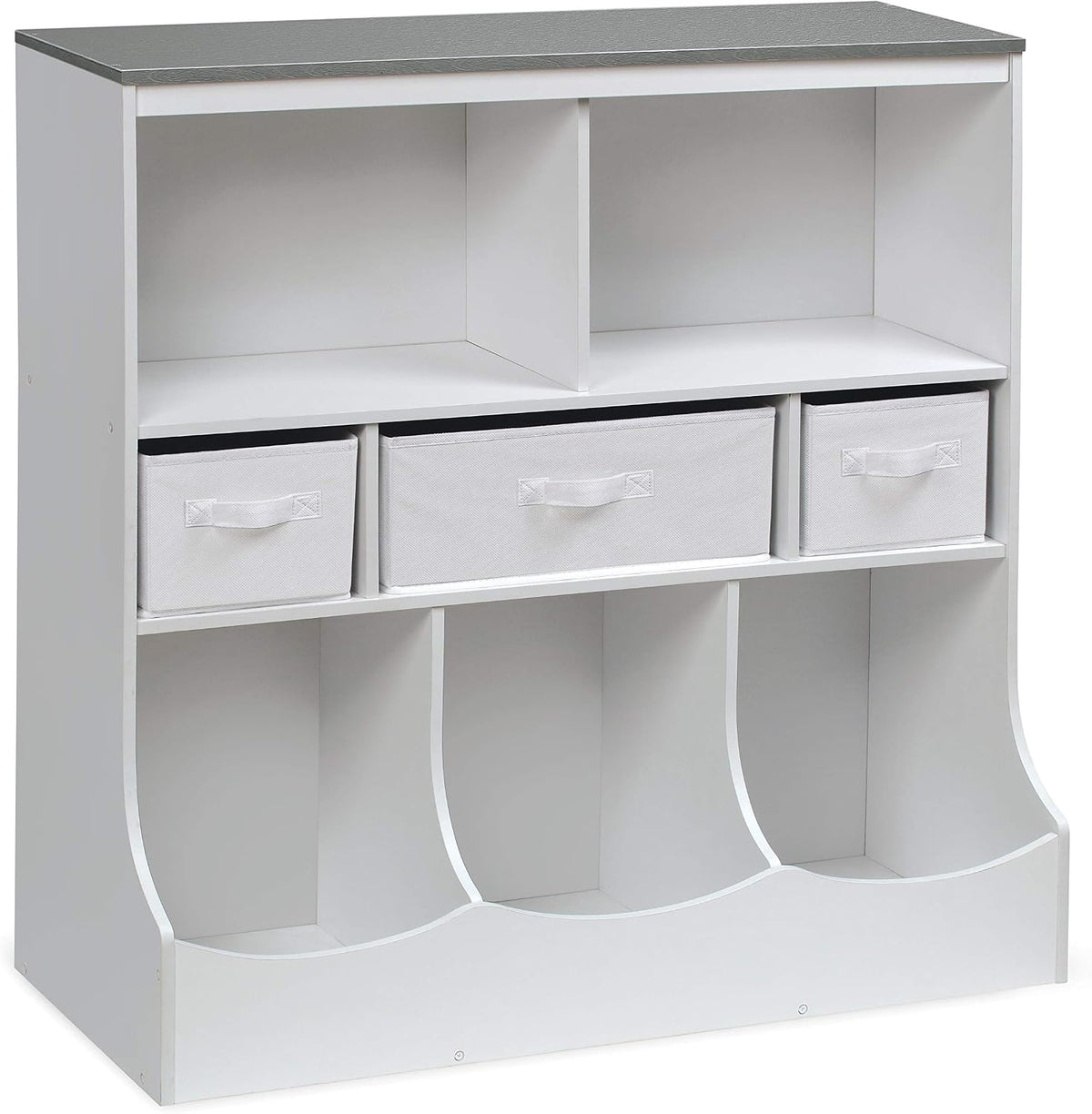 Combo Bin Toy Storage Unit and Book Shelf for Kids with 3 Baskets - White/Gray