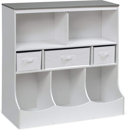 Combo Bin Toy Storage Unit and Book Shelf for Kids with 3 Baskets - White/Gray
