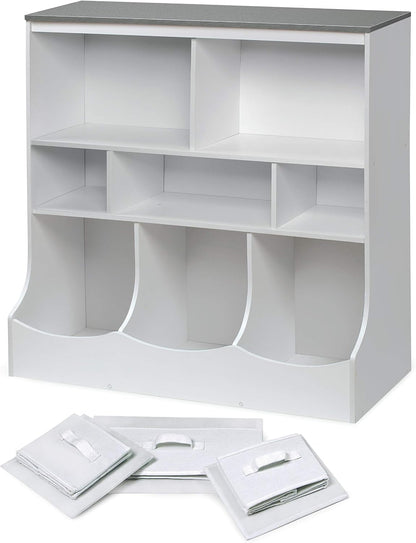 Combo Bin Toy Storage Unit and Book Shelf for Kids with 3 Baskets - White/Gray