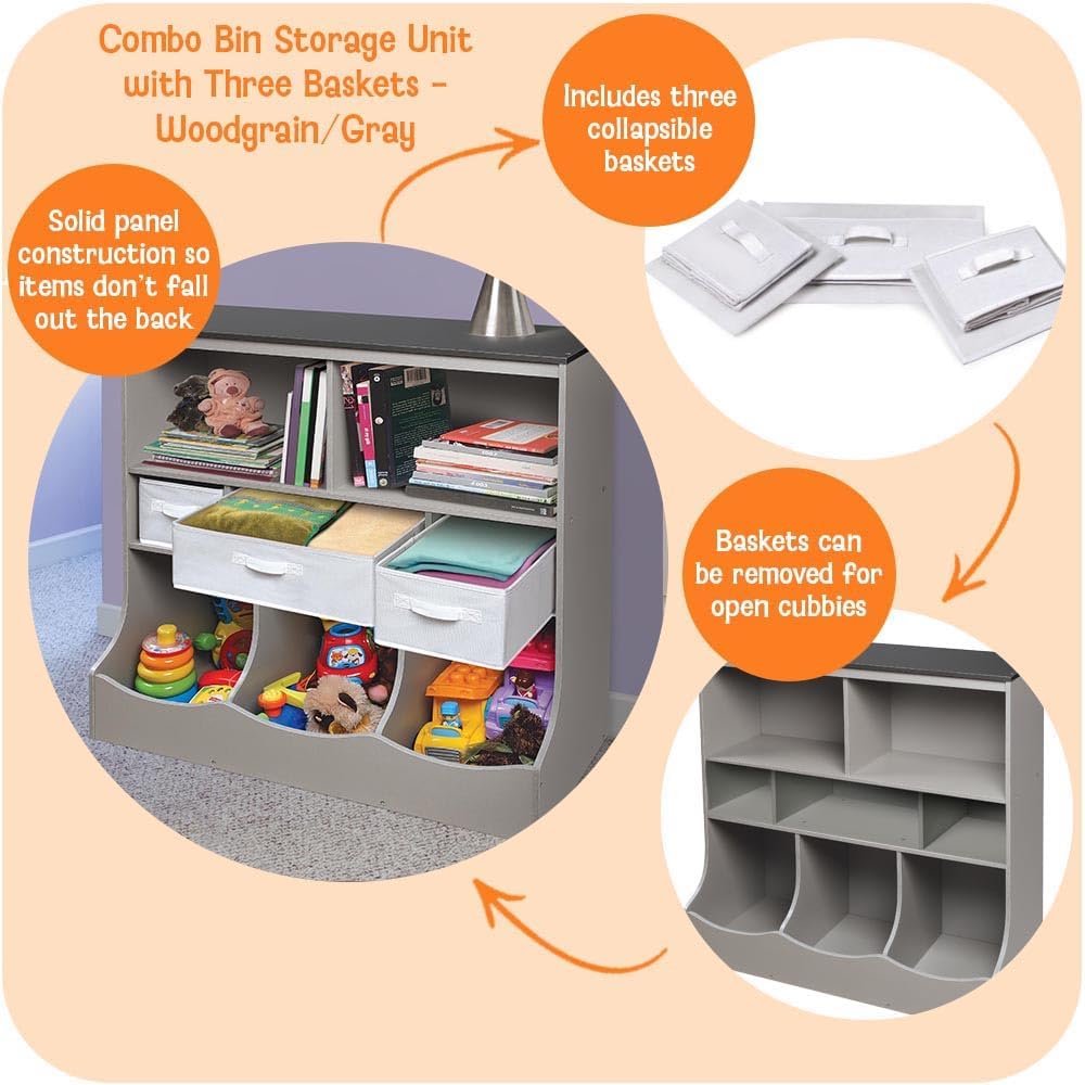 Combo Bin Toy Storage Unit and Book Shelf for Kids with 3 Baskets - White/Gray