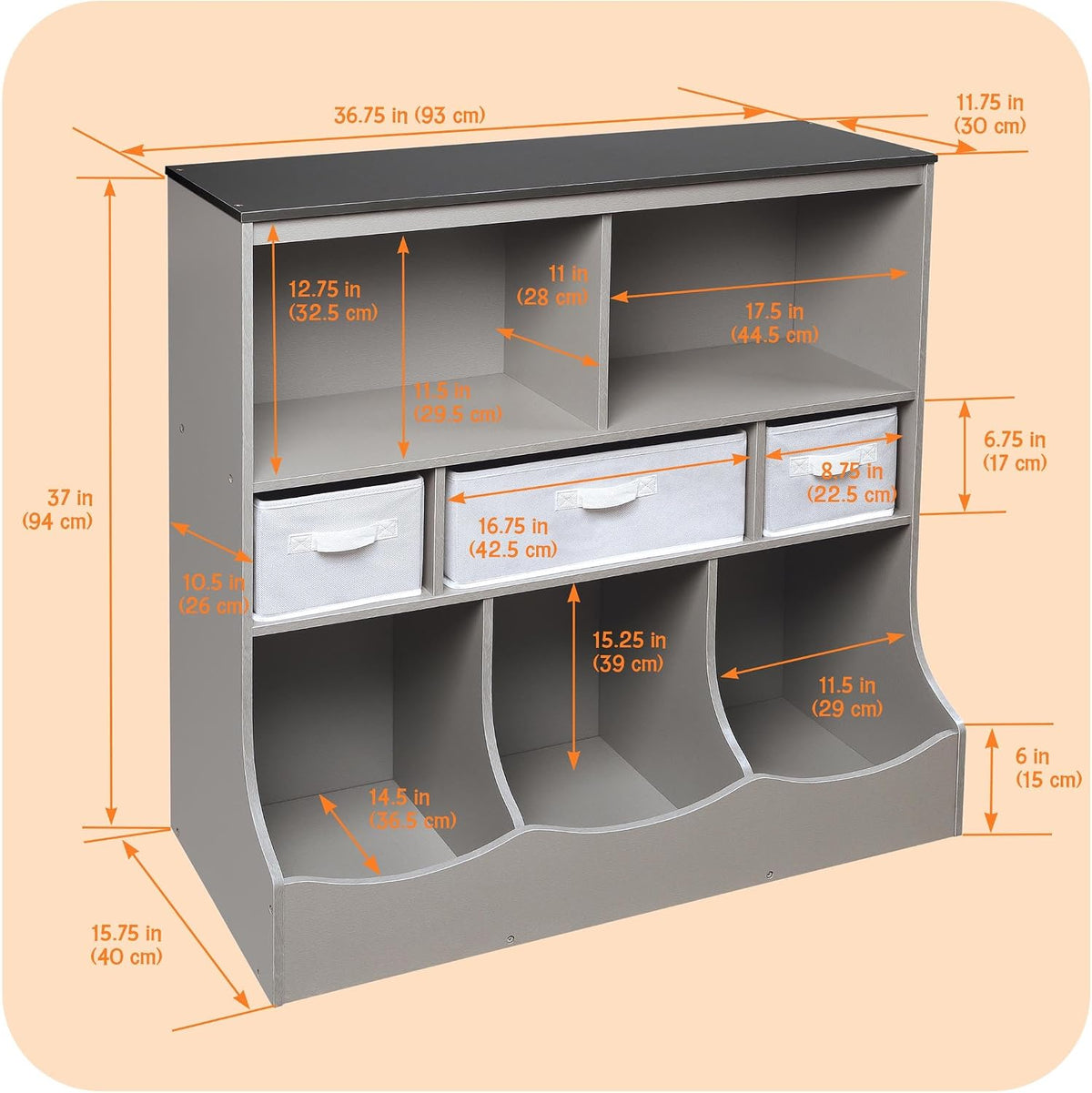 Combo Bin Toy Storage Unit and Book Shelf for Kids with 3 Baskets - White/Gray