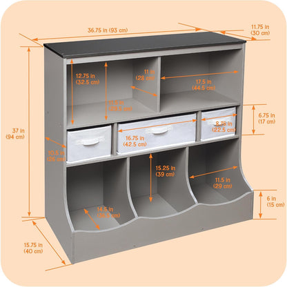 Combo Bin Toy Storage Unit and Book Shelf for Kids with 3 Baskets - White/Gray