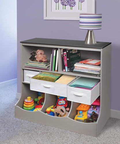Combo Bin Toy Storage Unit and Book Shelf for Kids with 3 Baskets - White/Gray