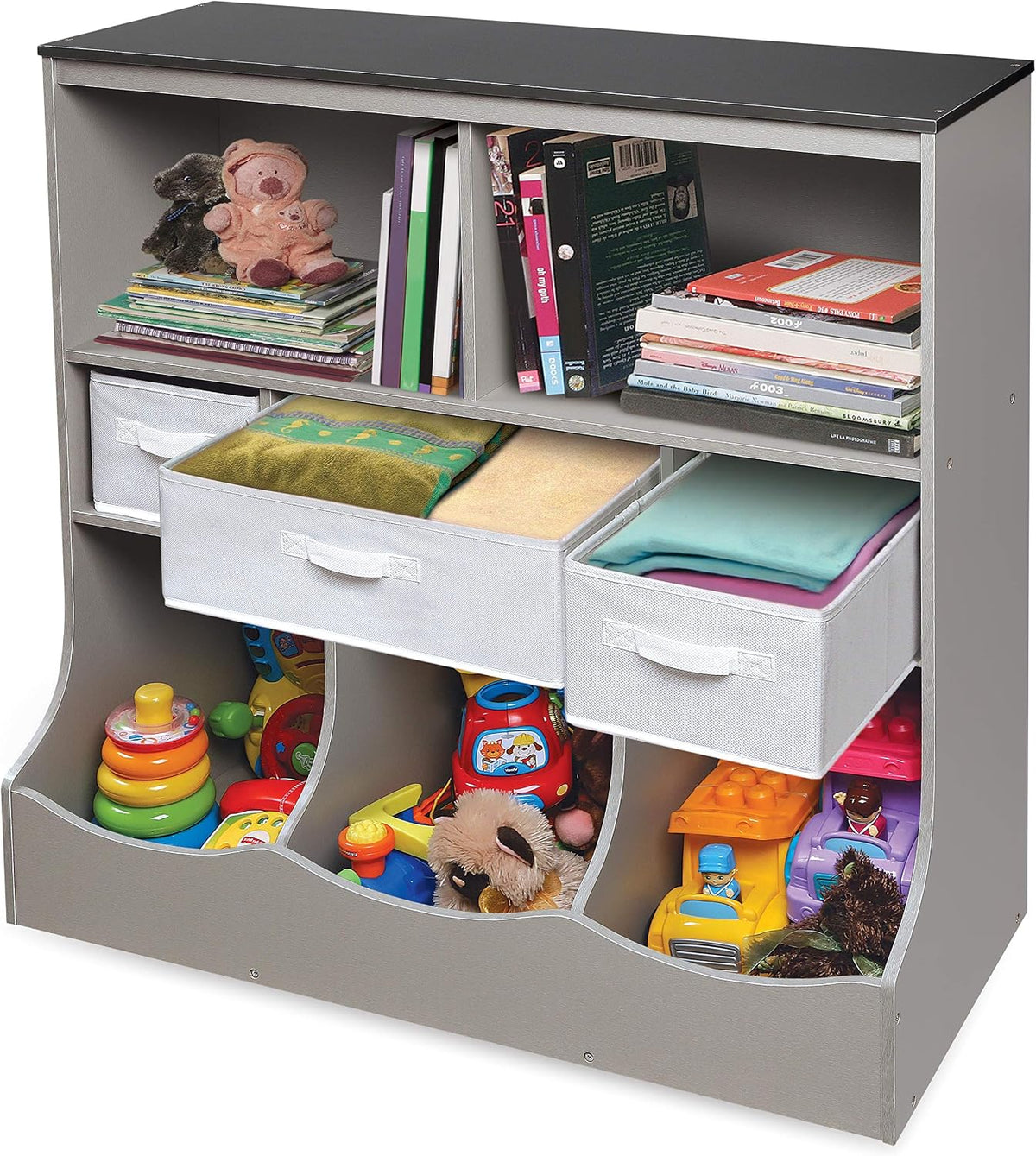 Combo Bin Toy Storage Unit and Book Shelf for Kids with 3 Baskets - White/Gray