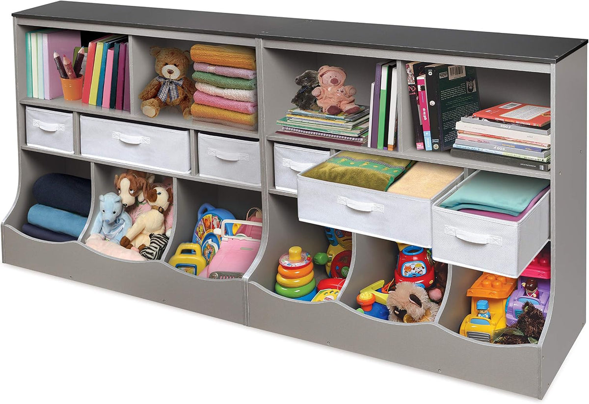 Combo Bin Toy Storage Unit and Book Shelf for Kids with 3 Baskets - White/Gray