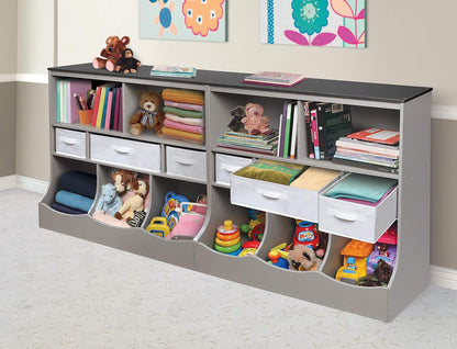 Combo Bin Toy Storage Unit and Book Shelf for Kids with 3 Baskets - White/Gray