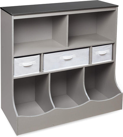 Combo Bin Toy Storage Unit and Book Shelf for Kids with 3 Baskets - White/Gray