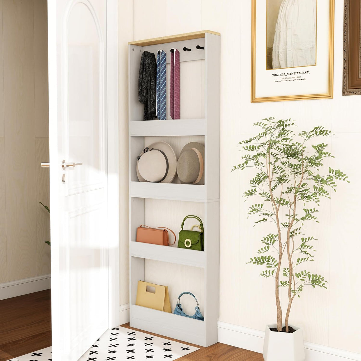 Behind the Door Bookshelf - Ultra Slim Hidden Storage Cabinet for Kids Room | 4-Tier White Wooden Bookcase with Hooks