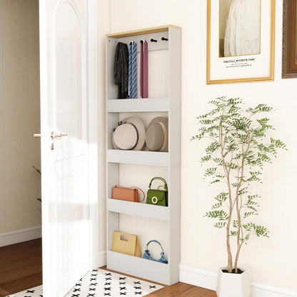 Behind the Door Bookshelf - Ultra Slim Hidden Storage Cabinet for Kids Room | 4-Tier White Wooden Bookcase with Hooks