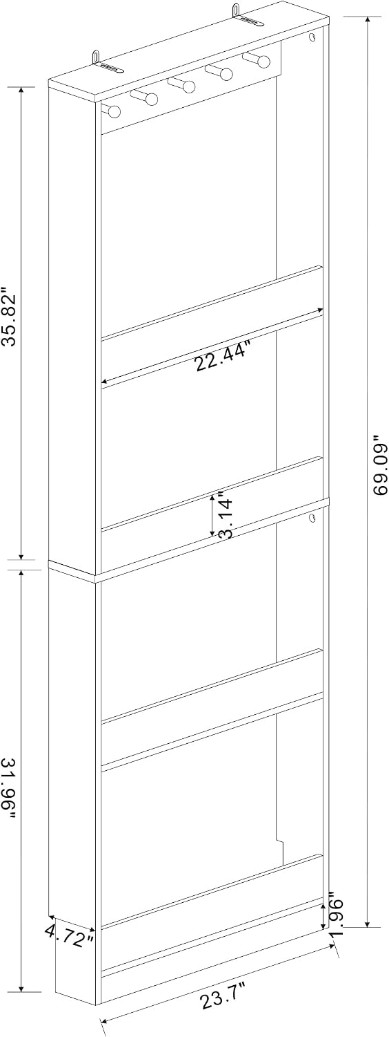 Behind the Door Bookshelf - Ultra Slim Hidden Storage Cabinet for Kids Room | 4-Tier White Wooden Bookcase with Hooks