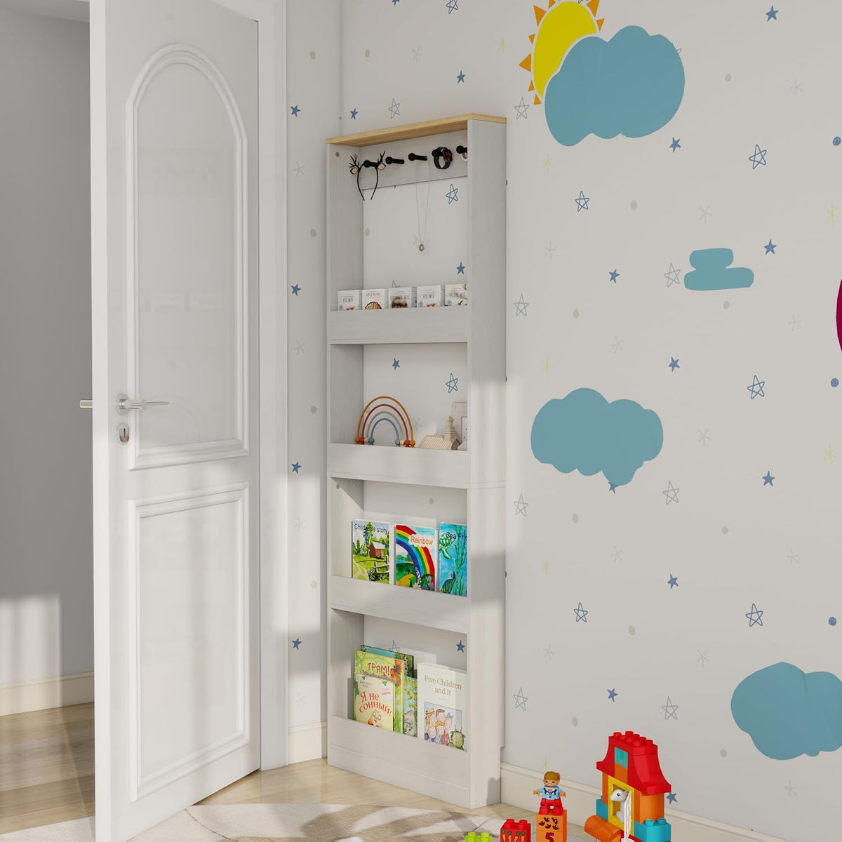 Behind the Door Bookshelf - Ultra Slim Hidden Storage Cabinet for Kids Room | 4-Tier White Wooden Bookcase with Hooks