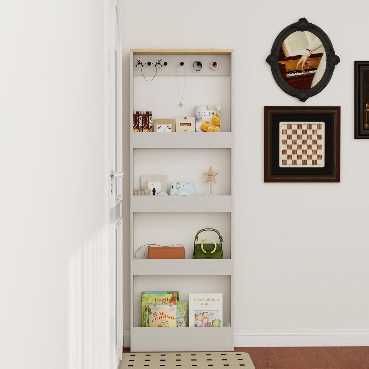 Behind the Door Bookshelf - Ultra Slim Hidden Storage Cabinet for Kids Room | 4-Tier White Wooden Bookcase with Hooks