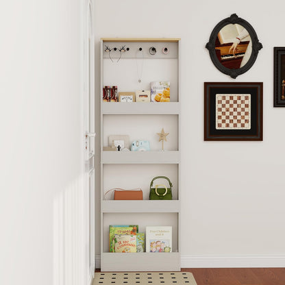 Behind the Door Bookshelf - Ultra Slim Hidden Storage Cabinet for Kids Room | 4-Tier White Wooden Bookcase with Hooks