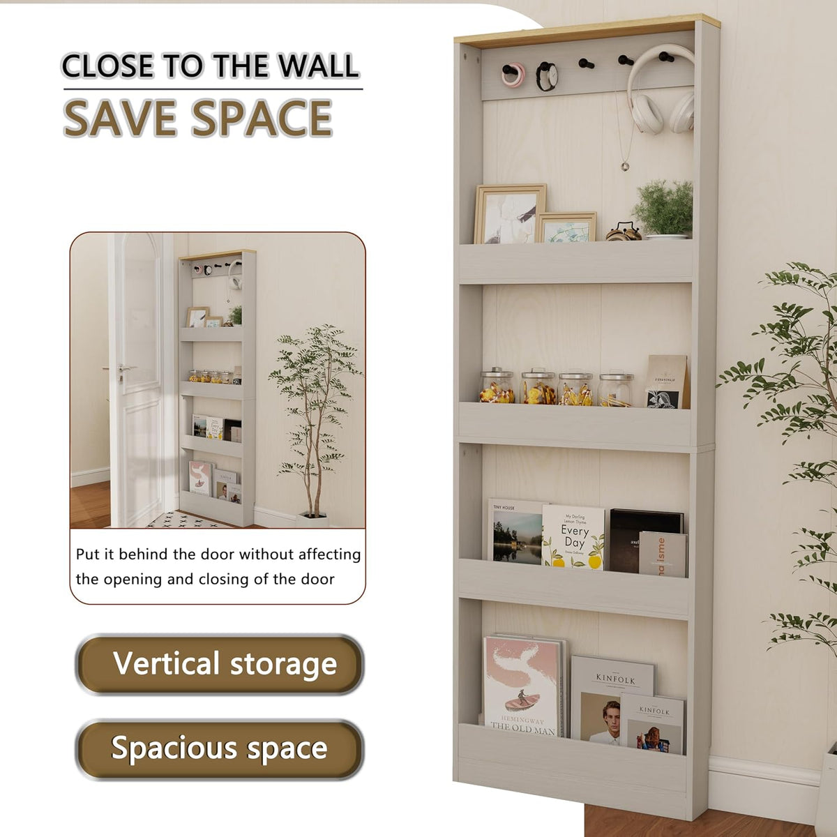 Behind the Door Bookshelf - Ultra Slim Hidden Storage Cabinet for Kids Room | 4-Tier White Wooden Bookcase with Hooks
