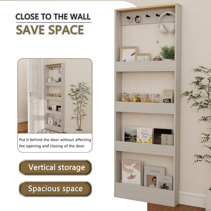 Behind the Door Bookshelf - Ultra Slim Hidden Storage Cabinet for Kids Room | 4-Tier White Wooden Bookcase with Hooks