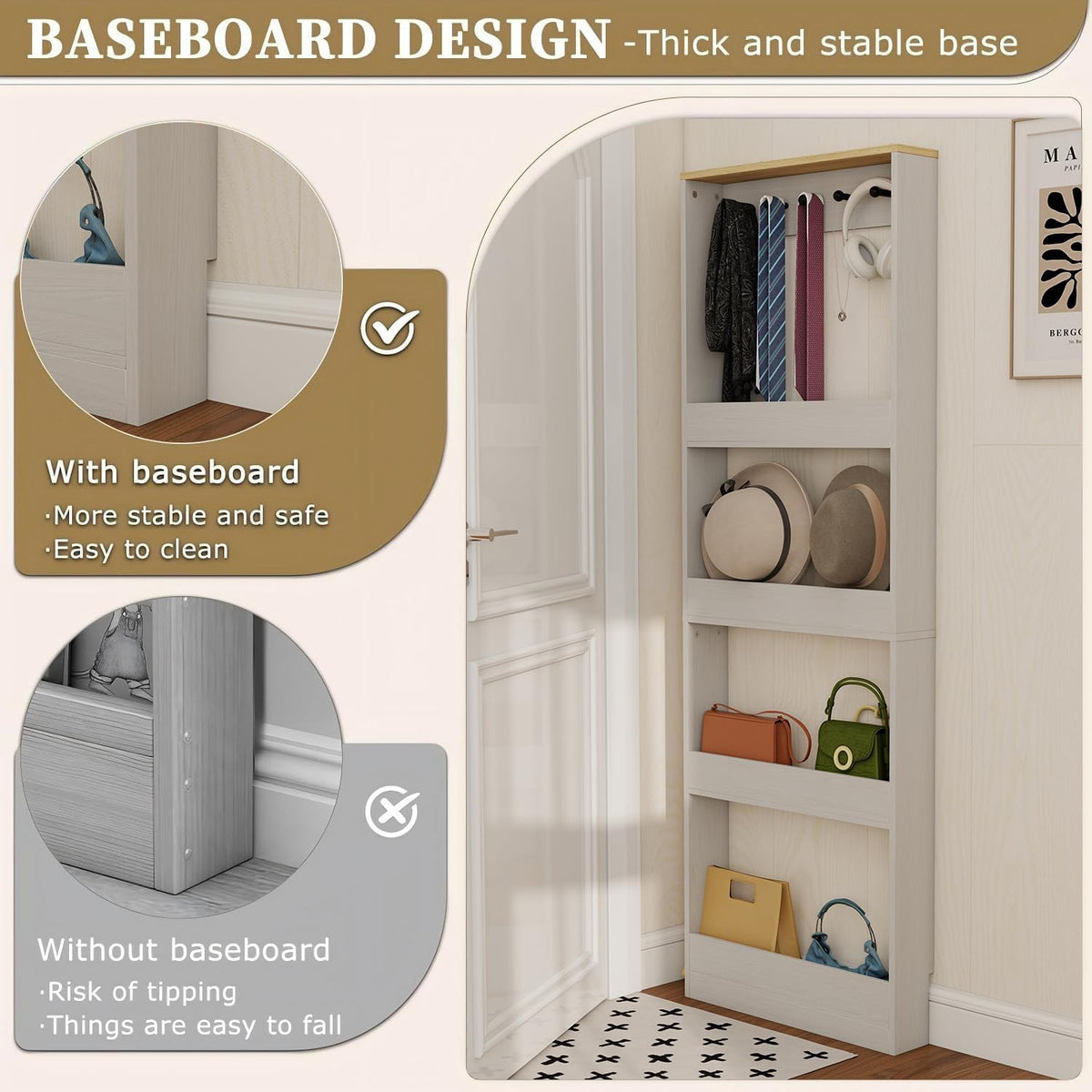 Behind the Door Bookshelf - Ultra Slim Hidden Storage Cabinet for Kids Room | 4-Tier White Wooden Bookcase with Hooks