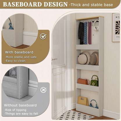 Behind the Door Bookshelf - Ultra Slim Hidden Storage Cabinet for Kids Room | 4-Tier White Wooden Bookcase with Hooks