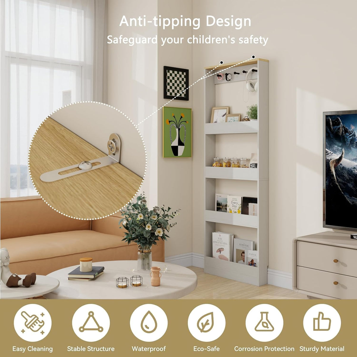 Behind the Door Bookshelf - Ultra Slim Hidden Storage Cabinet for Kids Room | 4-Tier White Wooden Bookcase with Hooks