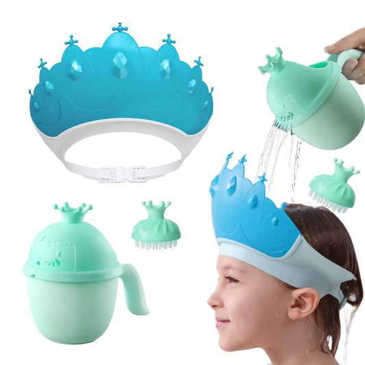 Baby Shower Cap Shield, Baby bath set shower cap/water cup/massage brush,Visor Hat for Eye and Ear Protection for 0-9 Years Old Children,Cute Crown Shape Makes the Baby Bath More Fun (Pink)