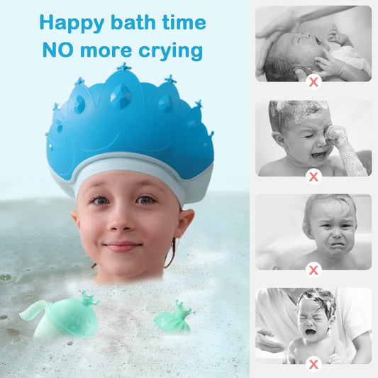 Baby Shower Cap Shield, Baby bath set shower cap/water cup/massage brush,Visor Hat for Eye and Ear Protection for 0-9 Years Old Children,Cute Crown Shape Makes the Baby Bath More Fun (Pink)