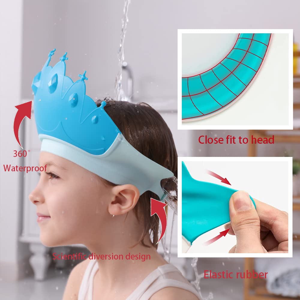 Baby Shower Cap Shield, Baby bath set shower cap/water cup/massage brush,Visor Hat for Eye and Ear Protection for 0-9 Years Old Children,Cute Crown Shape Makes the Baby Bath More Fun (Pink)