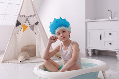 Baby Shower Cap Shield, Baby bath set shower cap/water cup/massage brush,Visor Hat for Eye and Ear Protection for 0-9 Years Old Children,Cute Crown Shape Makes the Baby Bath More Fun (Pink)