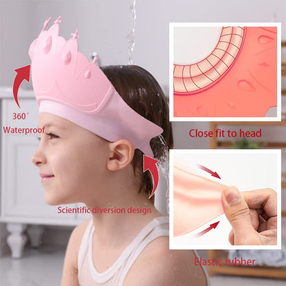 Baby Shower Cap Shield, Baby bath set shower cap/water cup/massage brush,Visor Hat for Eye and Ear Protection for 0-9 Years Old Children,Cute Crown Shape Makes the Baby Bath More Fun (Pink)