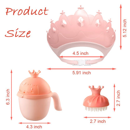 Baby Shower Cap Shield, Baby bath set shower cap/water cup/massage brush,Visor Hat for Eye and Ear Protection for 0-9 Years Old Children,Cute Crown Shape Makes the Baby Bath More Fun (Pink)