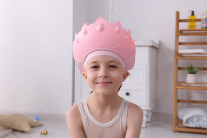 Baby Shower Cap Shield, Baby bath set shower cap/water cup/massage brush,Visor Hat for Eye and Ear Protection for 0-9 Years Old Children,Cute Crown Shape Makes the Baby Bath More Fun (Pink)