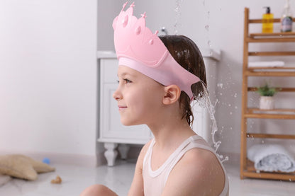 Baby Shower Cap Shield, Baby bath set shower cap/water cup/massage brush,Visor Hat for Eye and Ear Protection for 0-9 Years Old Children,Cute Crown Shape Makes the Baby Bath More Fun (Pink)