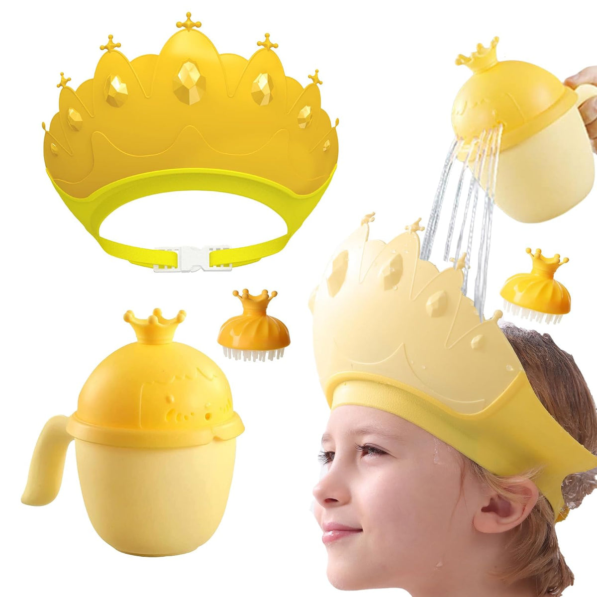 Baby Shower Cap Shield, Baby bath set shower cap/water cup/massage brush,Visor Hat for Eye and Ear Protection for 0-9 Years Old Children,Cute Crown Shape Makes the Baby Bath More Fun (Pink)