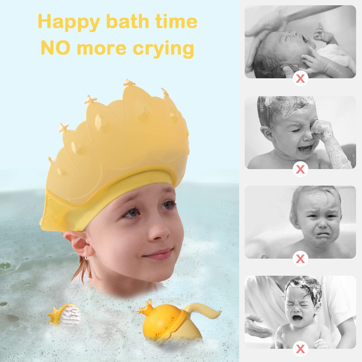 Baby Shower Cap Shield, Baby bath set shower cap/water cup/massage brush,Visor Hat for Eye and Ear Protection for 0-9 Years Old Children,Cute Crown Shape Makes the Baby Bath More Fun (Pink)