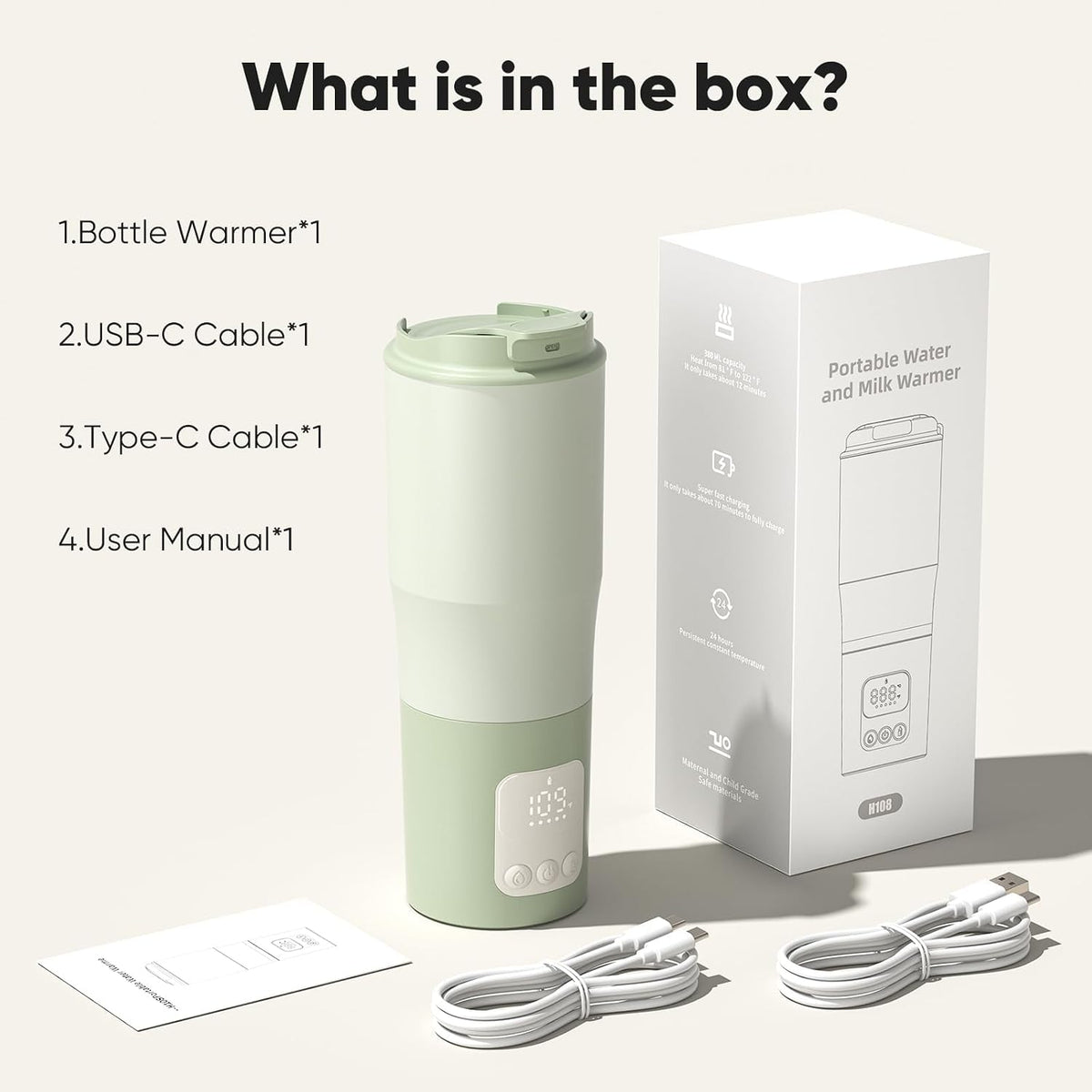 Portable Bottle Warmer 380ml for Travel, Baby Milk Warmer with Rechargeable Battery, Water Warmer On The Go Feeding, Fast & Even Heating for Home & Trips