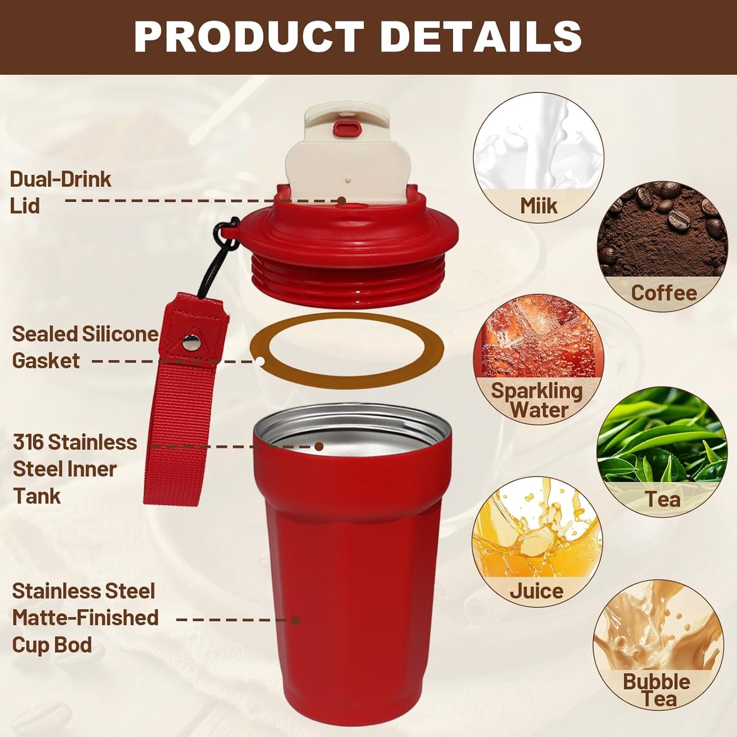 Insulated Coffee Tumbler 17.9oz 530ml Travel Coffee Mug 316 Stainless Steel Dual Drink Openings Leakproof Lid Reusable Insulated Coffee Mug Hot and Cold Ideal Travel Mug for Coffee Lover Daily