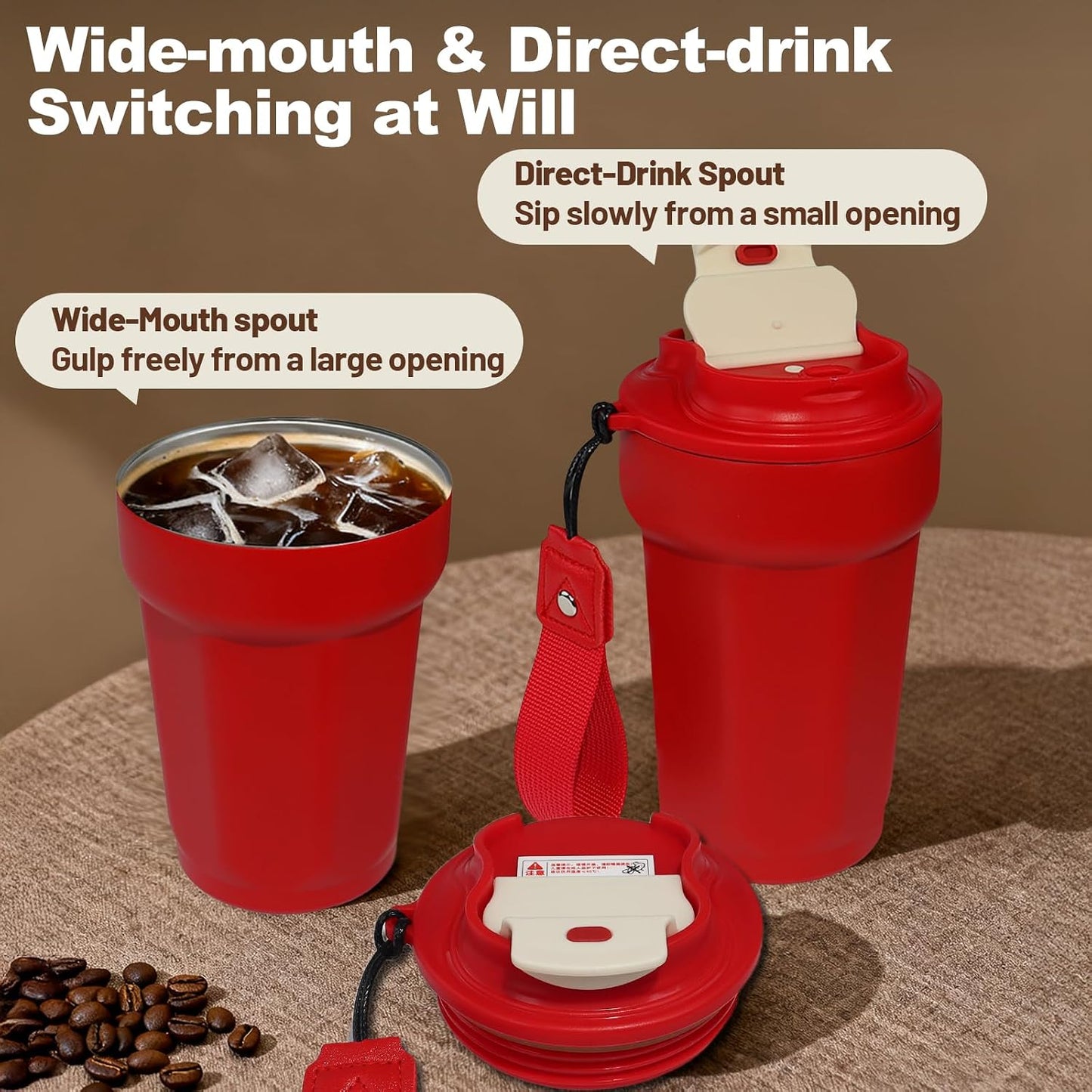 Insulated Coffee Tumbler 17.9oz 530ml Travel Coffee Mug 316 Stainless Steel Dual Drink Openings Leakproof Lid Reusable Insulated Coffee Mug Hot and Cold Ideal Travel Mug for Coffee Lover Daily