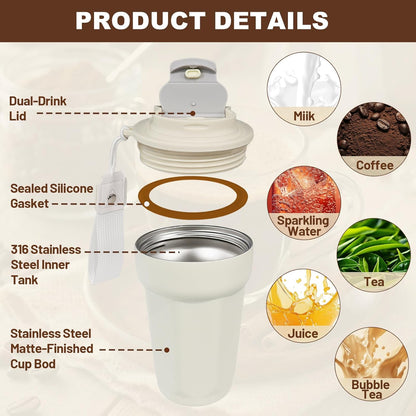 Insulated Coffee Tumbler 17.9oz 530ml Travel Coffee Mug 316 Stainless Steel Dual Drink Openings Leakproof Lid Reusable Insulated Coffee Mug Hot and Cold Ideal Travel Mug for Coffee Lover Daily