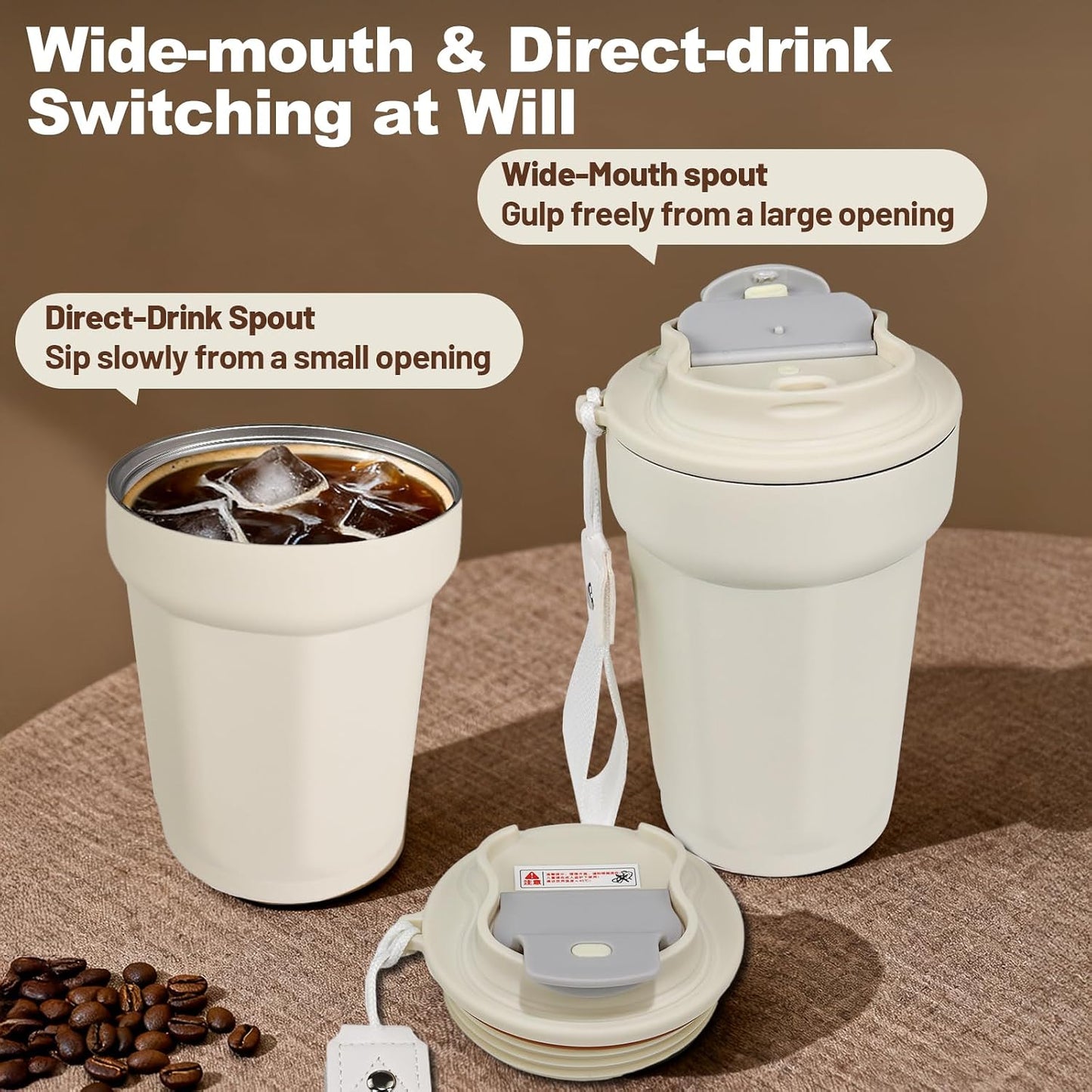 Insulated Coffee Tumbler 17.9oz 530ml Travel Coffee Mug 316 Stainless Steel Dual Drink Openings Leakproof Lid Reusable Insulated Coffee Mug Hot and Cold Ideal Travel Mug for Coffee Lover Daily
