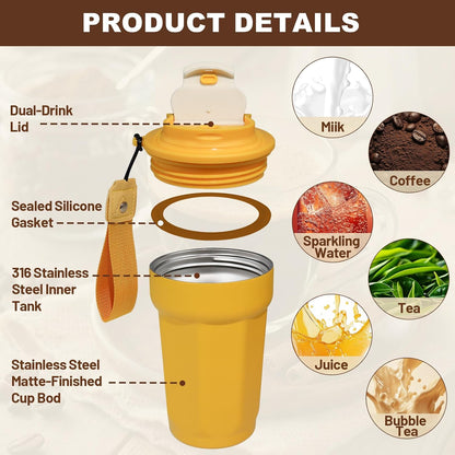 Insulated Coffee Tumbler 17.9oz 530ml Travel Coffee Mug 316 Stainless Steel Dual Drink Openings Leakproof Lid Reusable Insulated Coffee Mug Hot and Cold Ideal Travel Mug for Coffee Lover Daily