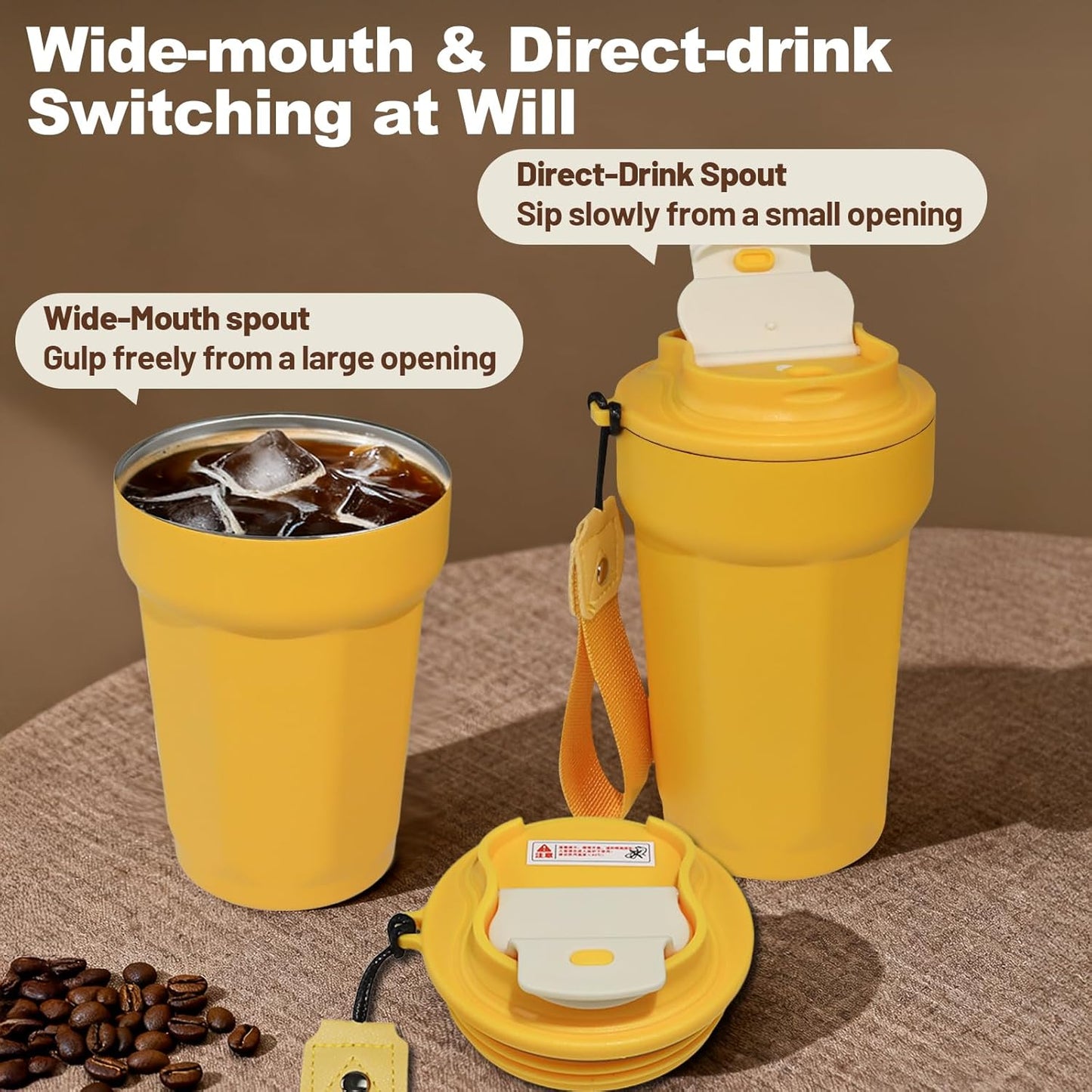 Insulated Coffee Tumbler 17.9oz 530ml Travel Coffee Mug 316 Stainless Steel Dual Drink Openings Leakproof Lid Reusable Insulated Coffee Mug Hot and Cold Ideal Travel Mug for Coffee Lover Daily
