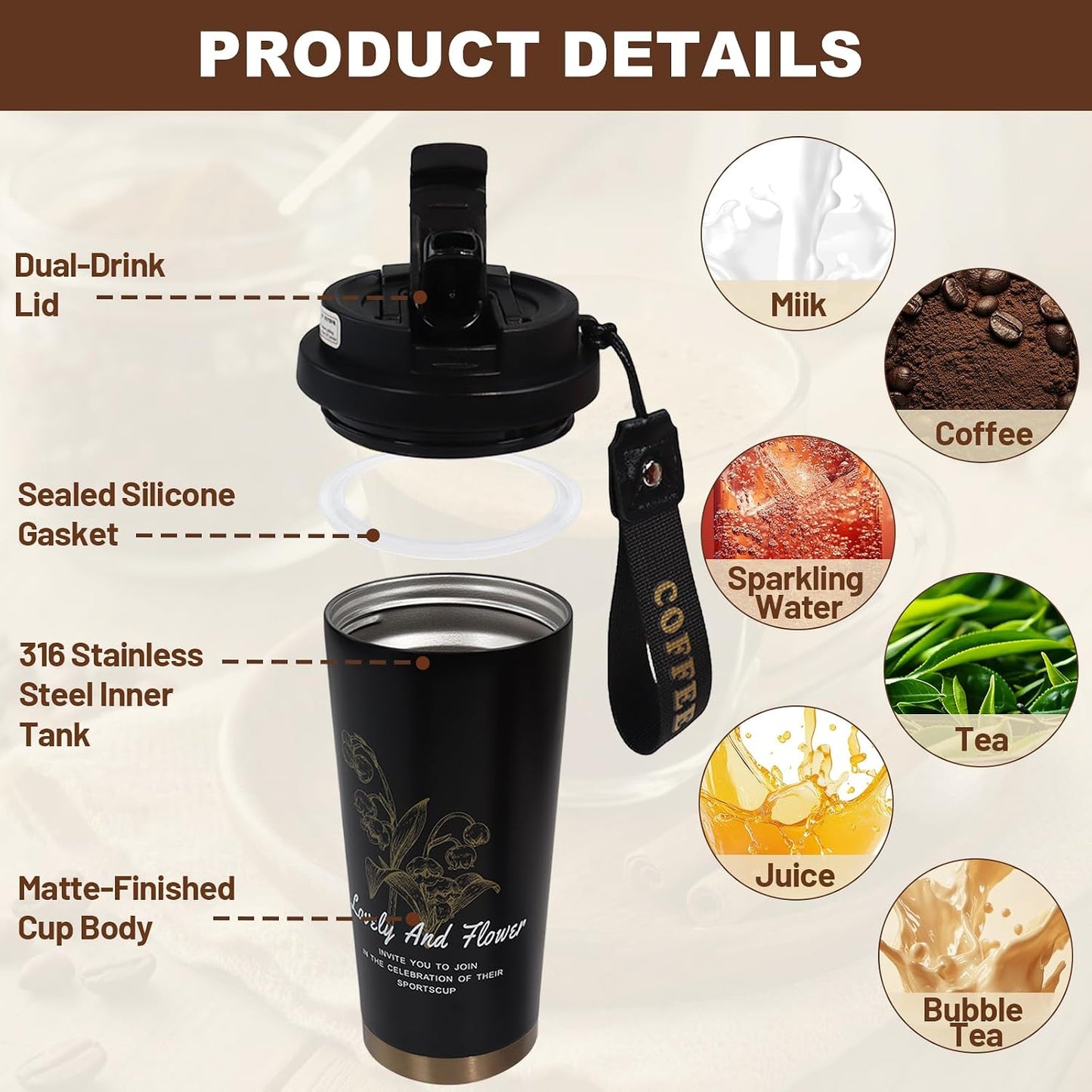 Insulated Coffee Tumbler 17.9oz 530ml Travel Coffee Mug 316 Stainless Steel Dual Drink Openings Leakproof Lid Reusable Insulated Coffee Mug Hot and Cold Ideal Travel Mug for Coffee Lover Daily
