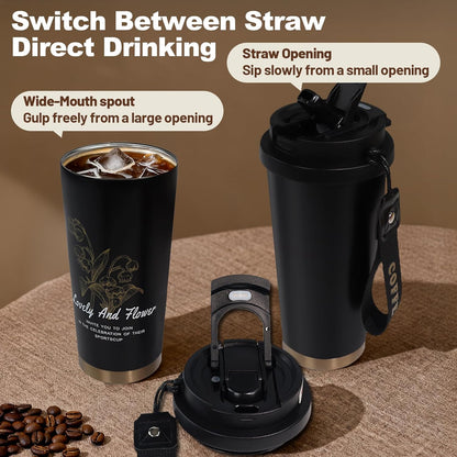 Insulated Coffee Tumbler 17.9oz 530ml Travel Coffee Mug 316 Stainless Steel Dual Drink Openings Leakproof Lid Reusable Insulated Coffee Mug Hot and Cold Ideal Travel Mug for Coffee Lover Daily