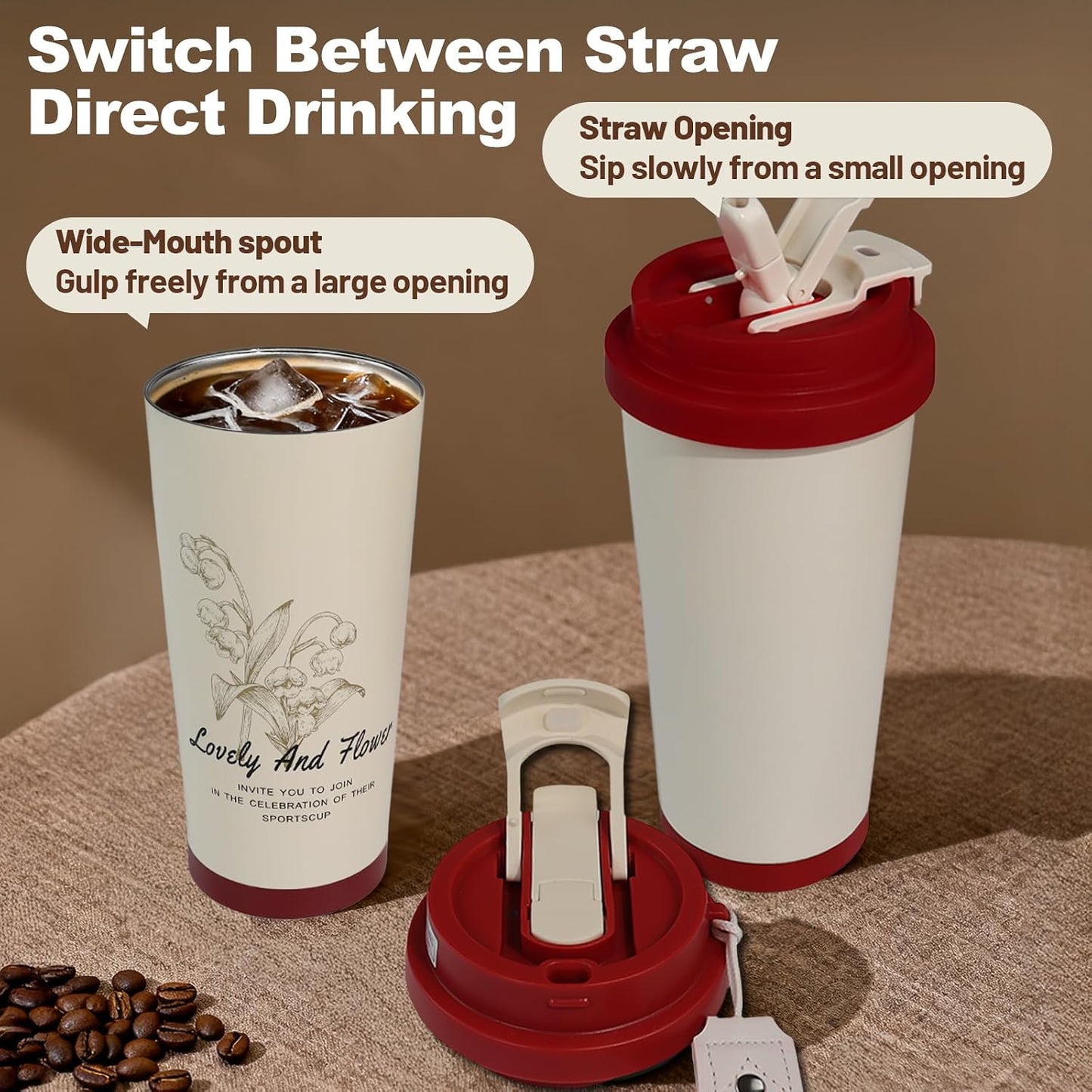 Insulated Coffee Tumbler 17.9oz 530ml Travel Coffee Mug 316 Stainless Steel Dual Drink Openings Leakproof Lid Reusable Insulated Coffee Mug Hot and Cold Ideal Travel Mug for Coffee Lover Daily